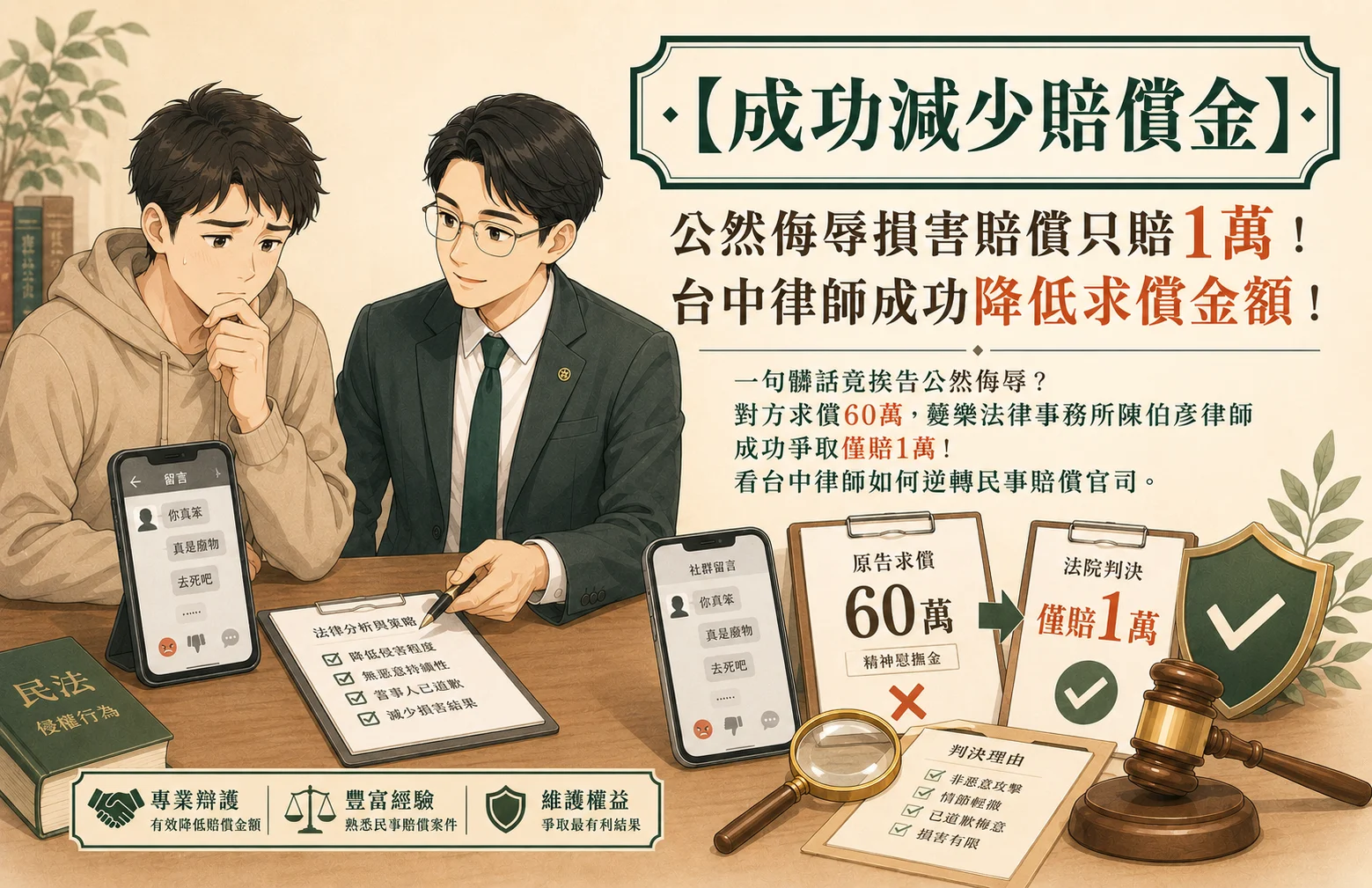一句髒話竟挨告公然侮辱？對方求償60萬，蘗樂法律事務所陳伯彥律師成功爭取僅賠1萬！看台中律師如何逆轉民事賠償官司。