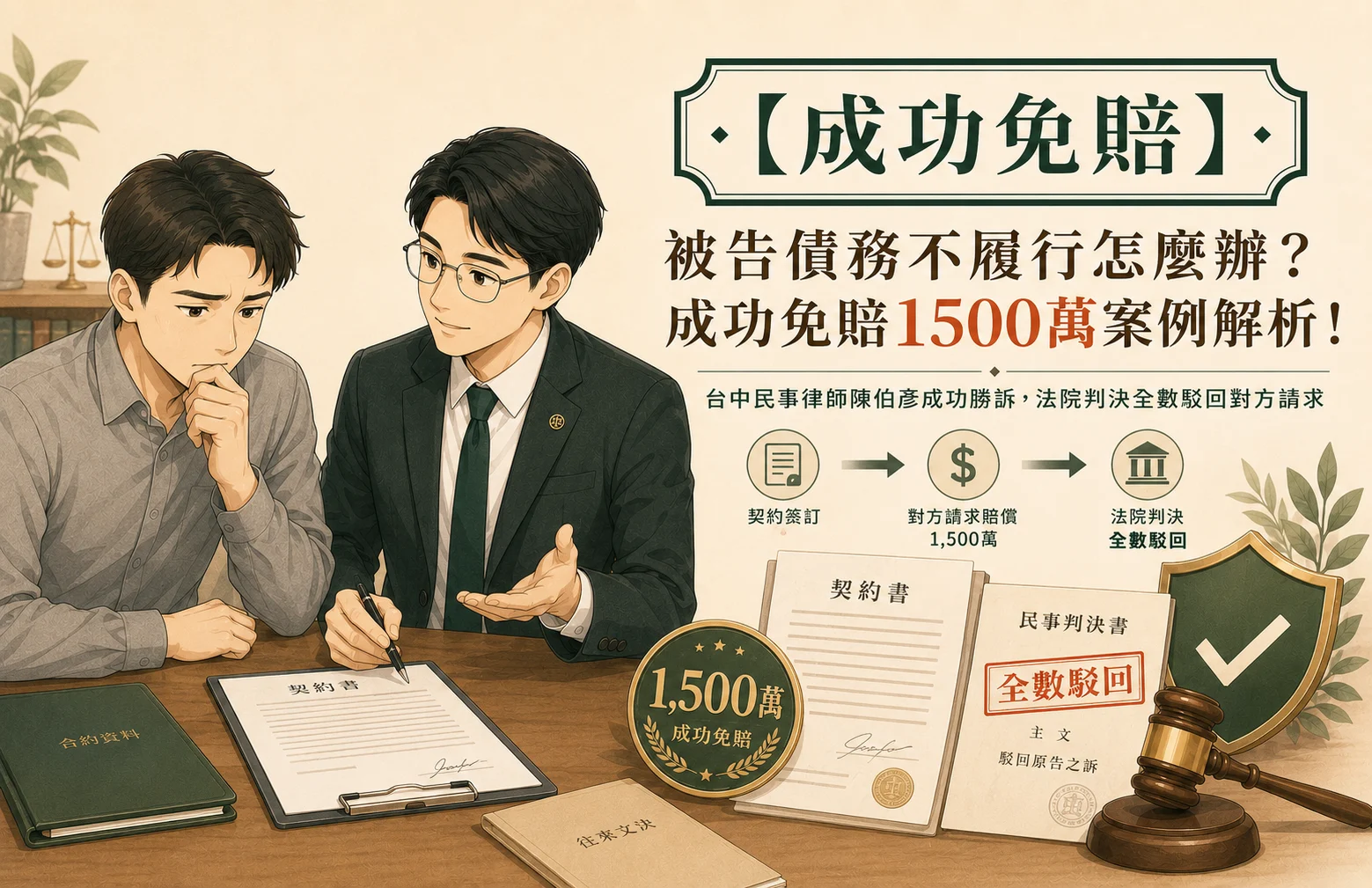 因商務契約糾紛被控債務不履行，遭對方求償違約金1,500萬，最終由台中民事律師陳伯彥律師成功勝訴，法院判決全數駁回對方請求。