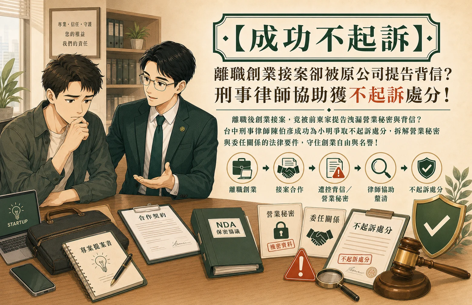 離職創業接案遭原公司提告背信？台中刑事律師成功爭取到不起訴處分！
