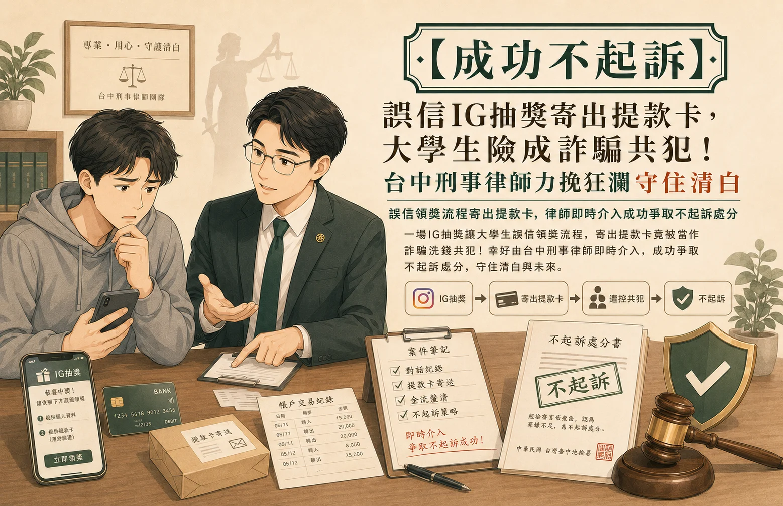 一場IG抽獎讓大學生誤信領獎流程，寄出提款卡竟被當作詐騙洗錢共犯！幸好由台中刑事律師即時介入，成功爭取不起訴處分，守住清白與未來。