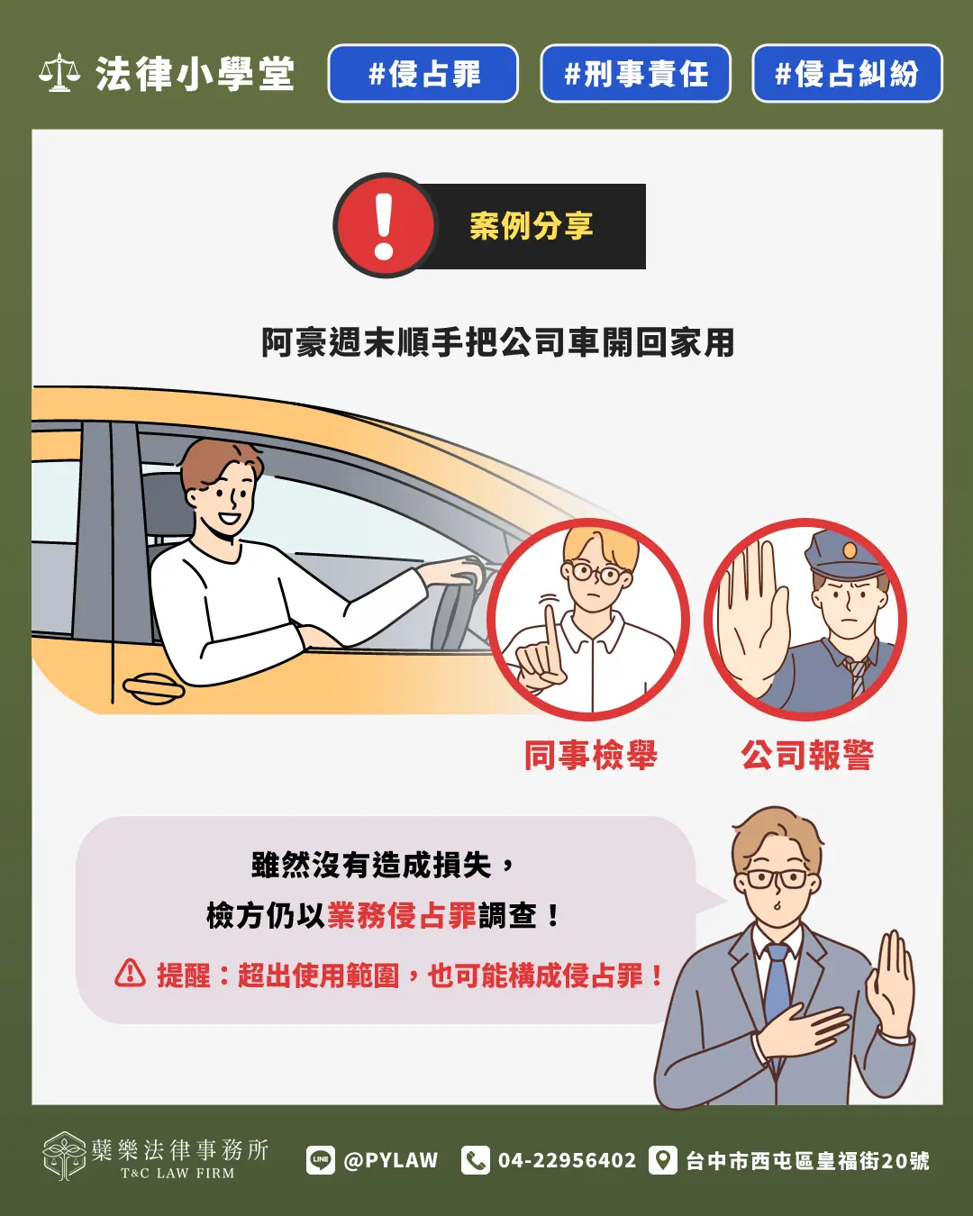週末順手把公司車開回家用 → 同事檢舉 → 公司報警。雖然沒有造成損失，檢方仍以業務侵占罪調查！