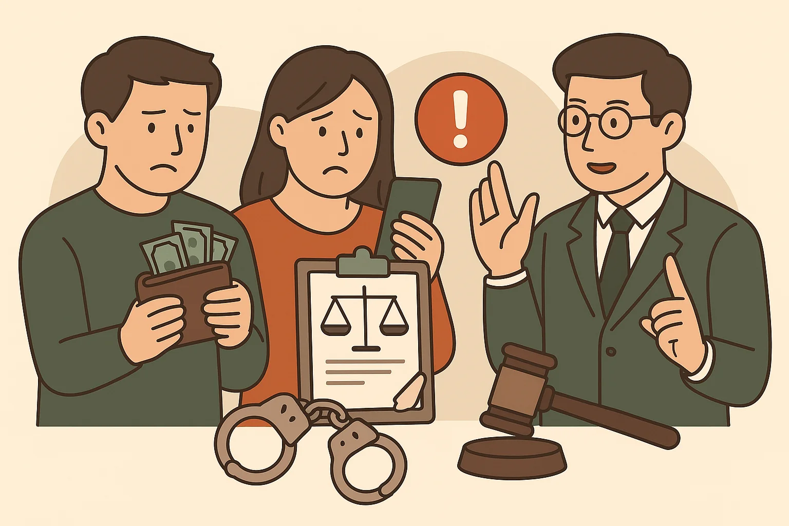 男子查看文件擔心觸犯背信罪，背景有合約、信任盾牌、法槌與鏈結符號，象徵契約與信任破壞的法律風險