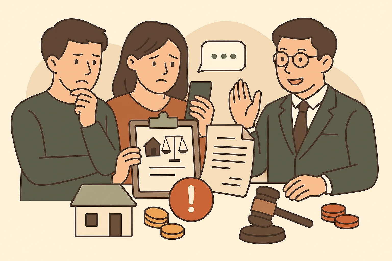 離婚財產分配協議書諮詢示意圖，夫妻向律師討論房屋與財產如何分配，避免爭議。