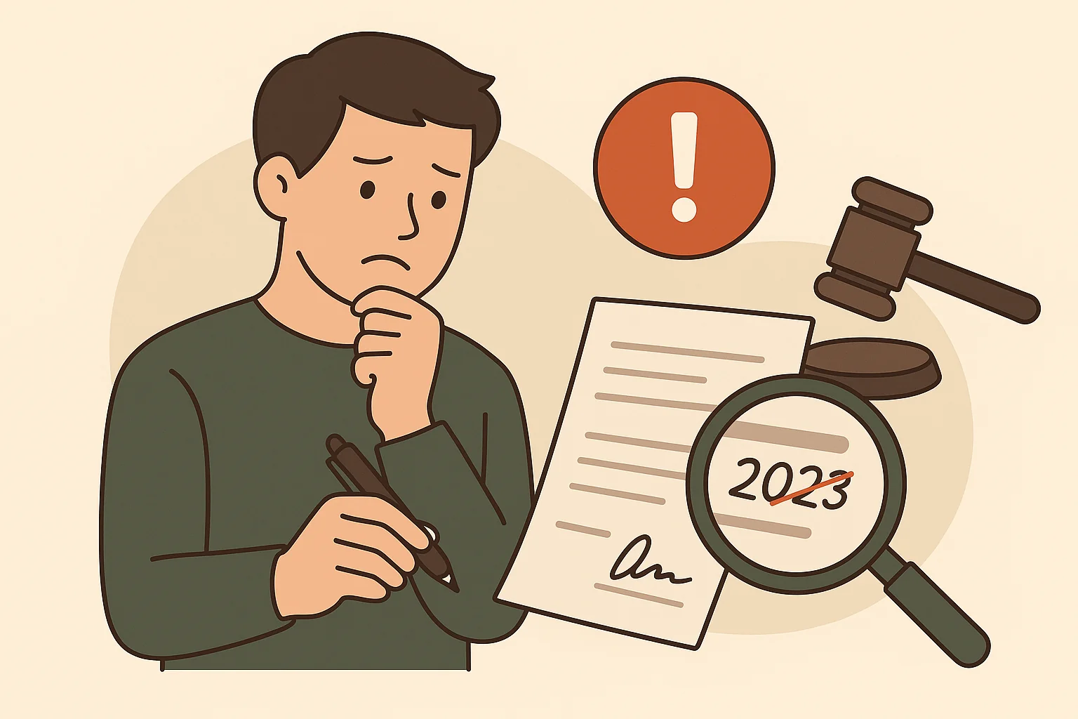 偽造文書罪插畫：男子代簽文件遭放大檢視，旁有法槌、手銬與警示符號，象徵偽造簽名觸犯刑法可能面臨刑責