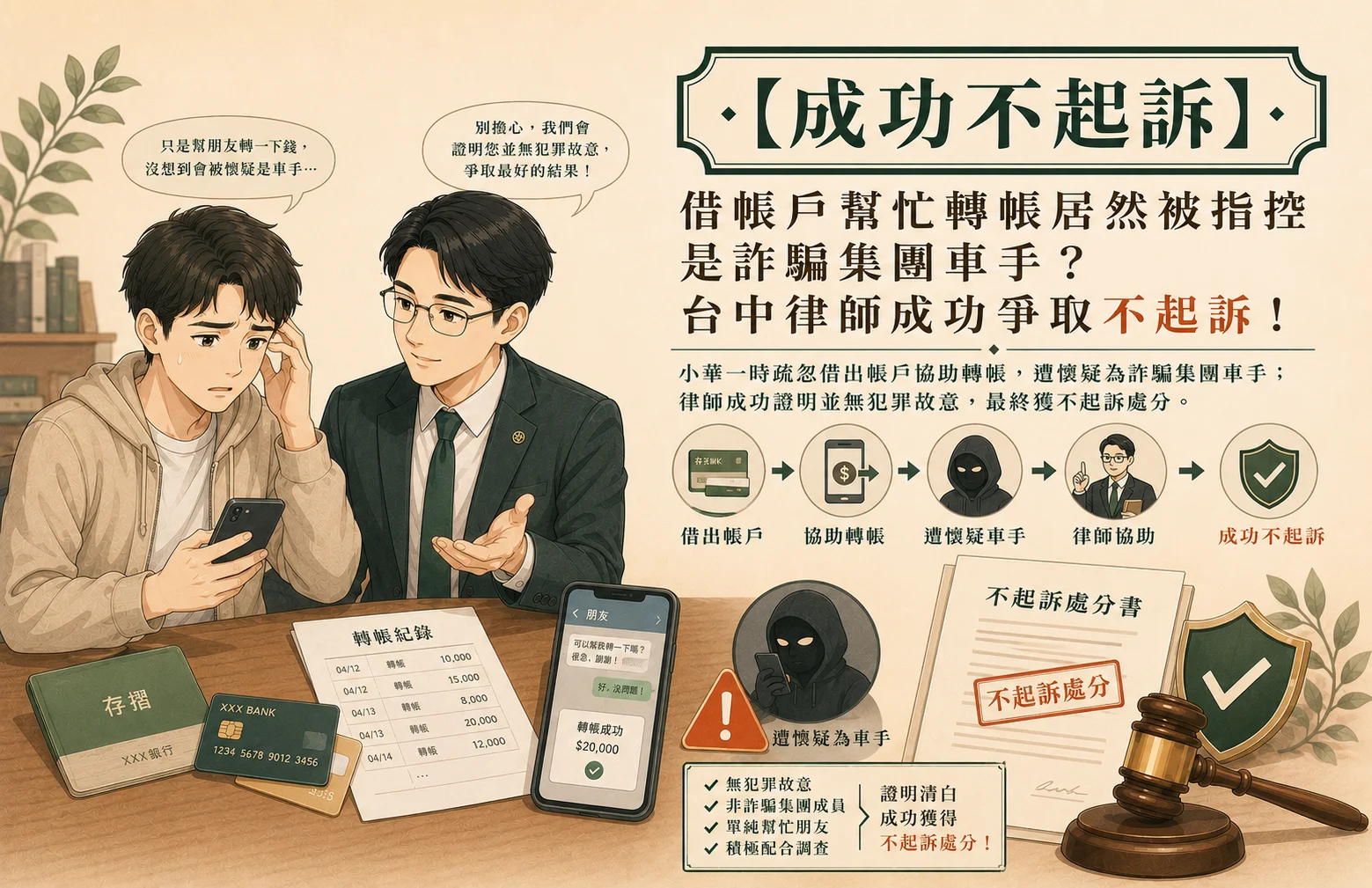 因借帳戶幫忙轉帳被控詐欺共犯，律師協助成功獲不起訴插畫，象徵帳戶被利用案件中專業辯護的重要性