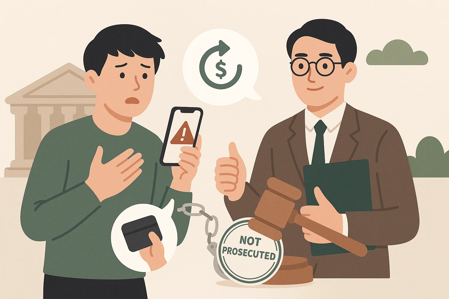 ：男子因借帳戶幫忙轉帳被控詐欺共犯，律師協助成功獲不起訴插畫，象徵帳戶被利用案件中專業辯護的重要性