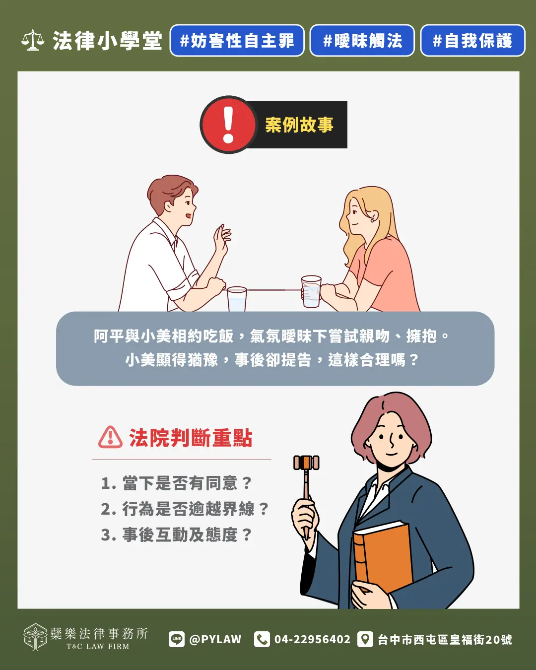 阿平與小美相約吃飯，氣氛曖昧下嘗試親吻、擁抱。小美顯得猶豫，事後卻提告。