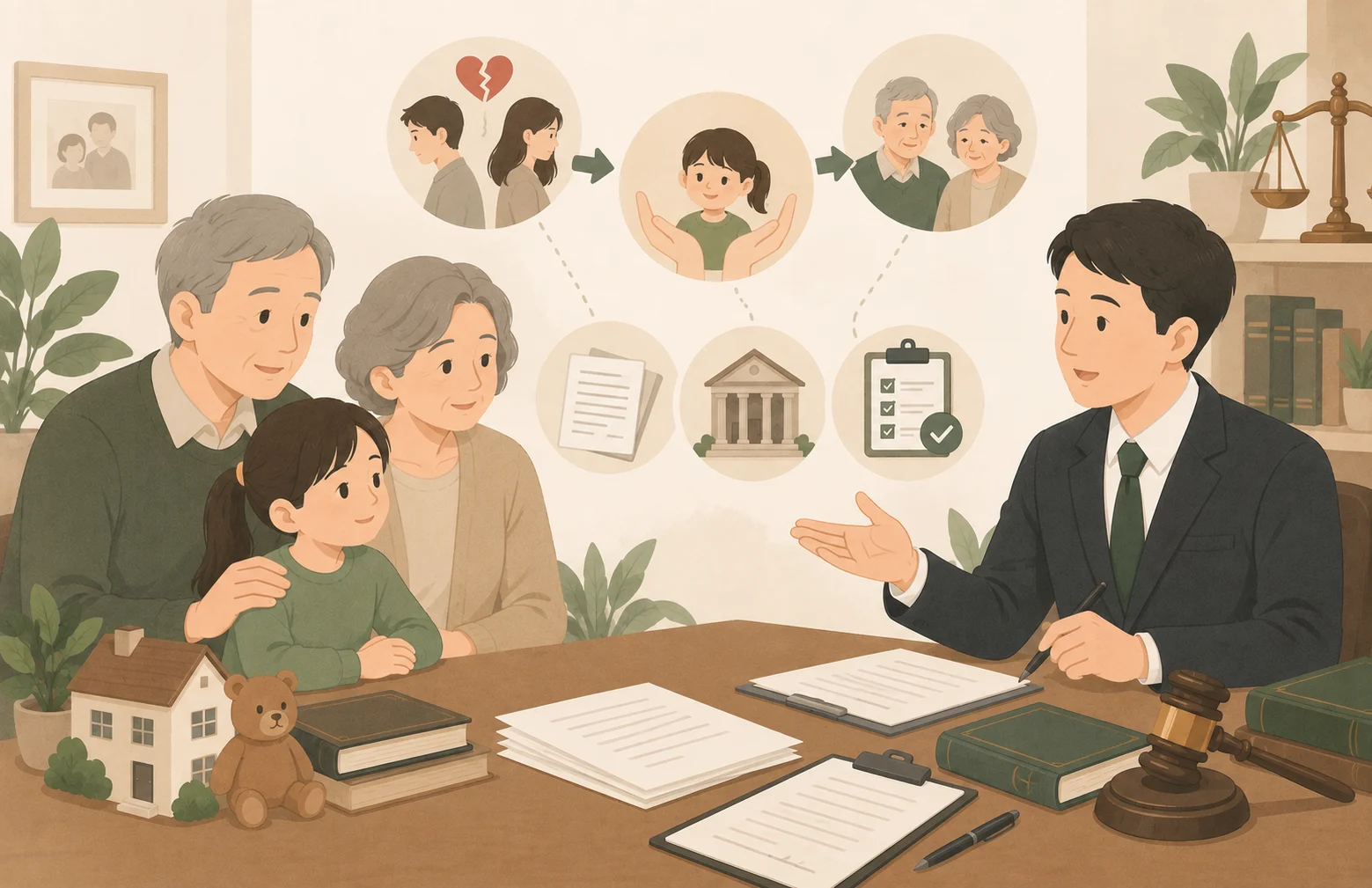 離婚後監護權爭議插畫：父母為孩子監護權擔憂、討論親權改定與探視問題的情境
