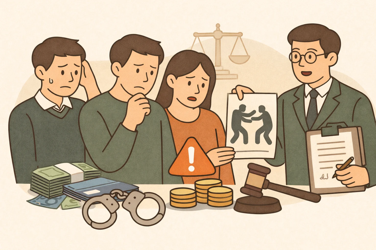 未成年打架法律責任示意圖，少年與父母面臨刑事責任與民事連帶賠償，由律師說明少年事件處理法流程