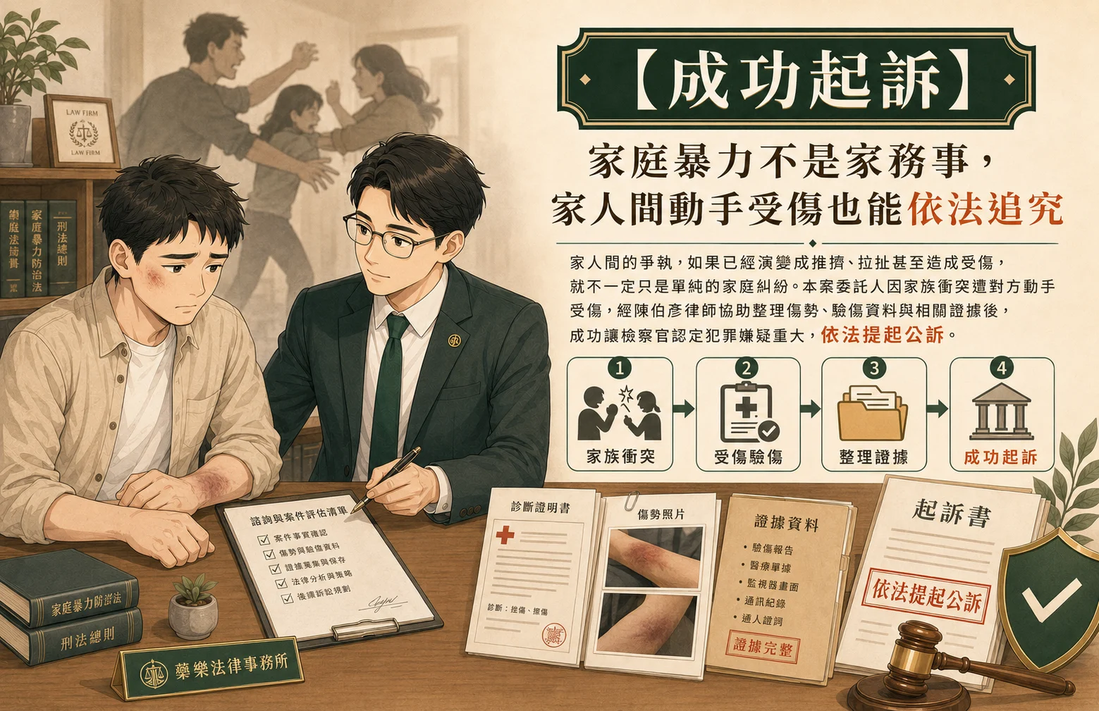 家庭暴力成功案例，家人推擠拉扯受傷後由律師協助驗傷蒐證並成功起訴