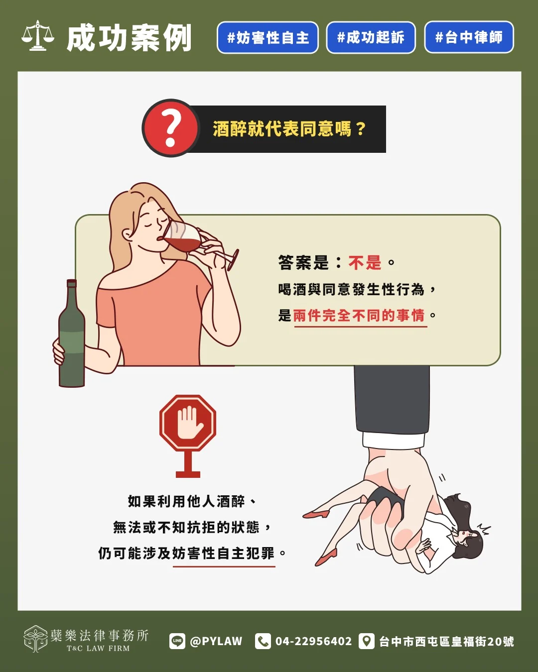 喝酒與同意發生性行為,
是兩件完全不同的事情。
如果利用他人酒醉、
無法或不知抗拒的狀態,
仍可能涉及妨害性自主犯罪。