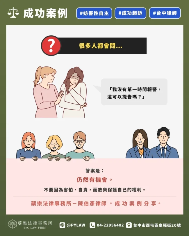 很多人都會問… 「我沒有第一時間報警,還可以提告嗎?」 答案是: 仍然有機會。 不要因為害怕、自責, 而放棄保護自己的權利。 蘗樂法律事務所-陳伯彥律師|成功案例分享