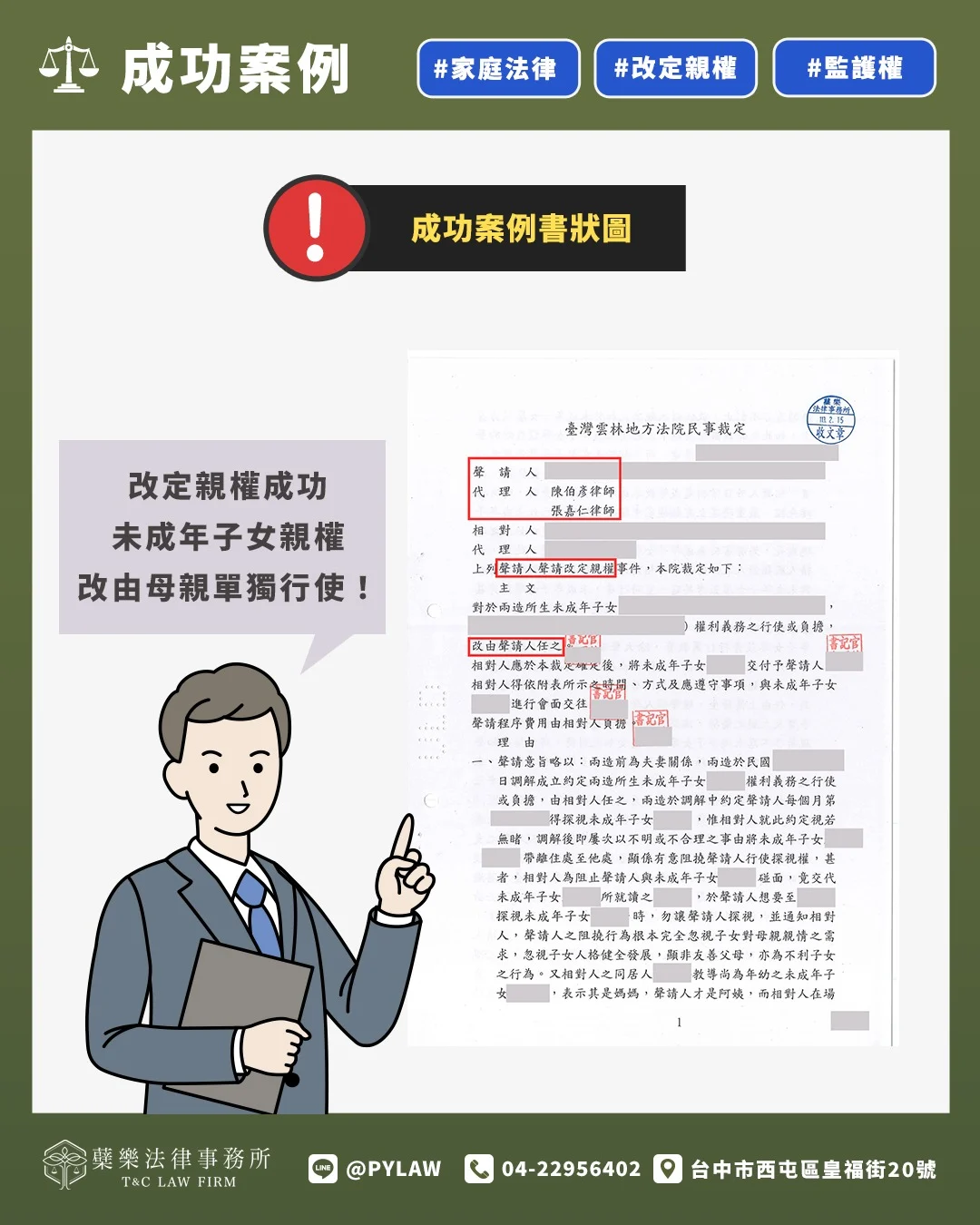 改定親權成功
未成年子女親權
改由母親單獨行使!