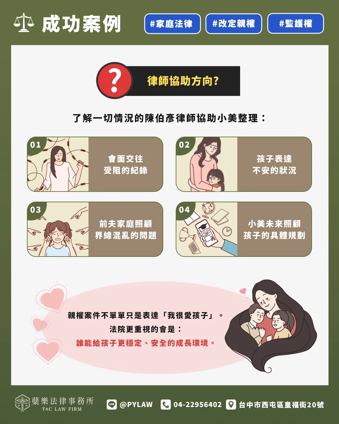 親權案件不單單只是表達「我很愛孩子」。
法院更重視的會是:
誰能給孩子更穩定、安全的成長環境。
