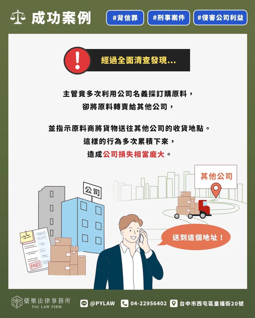 經過全面清查發現:
主管竟多次利用公司名義採訂購原料,卻將原料轉賣給其他公司,並指示原料商將貨物送往其他公司的收貨地點。
這樣的行為多次累積下來,造成公司損失相當龐大。